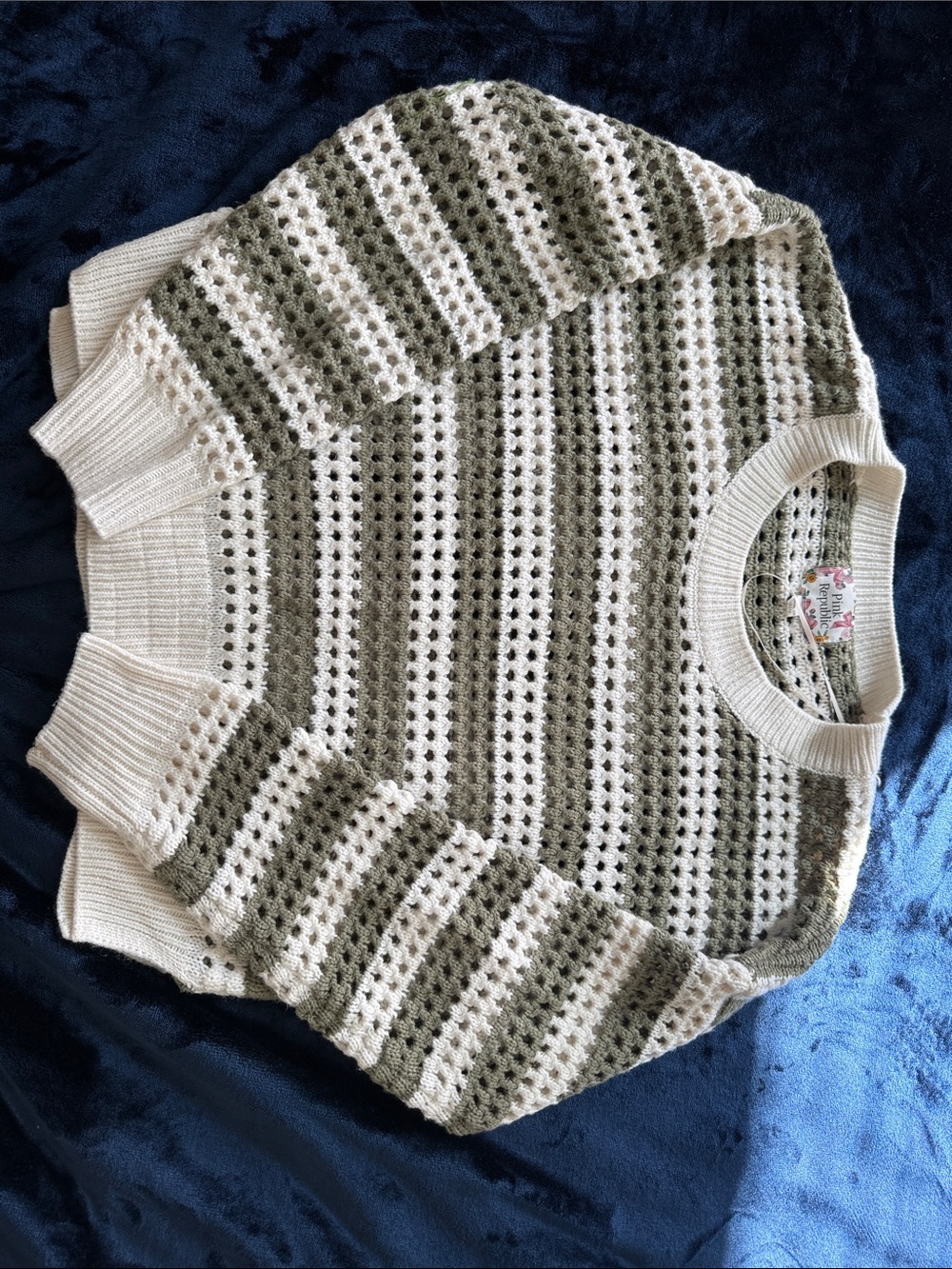 Pink Republic Crochet Stripe Crewneck Sweater in Cream & Olive